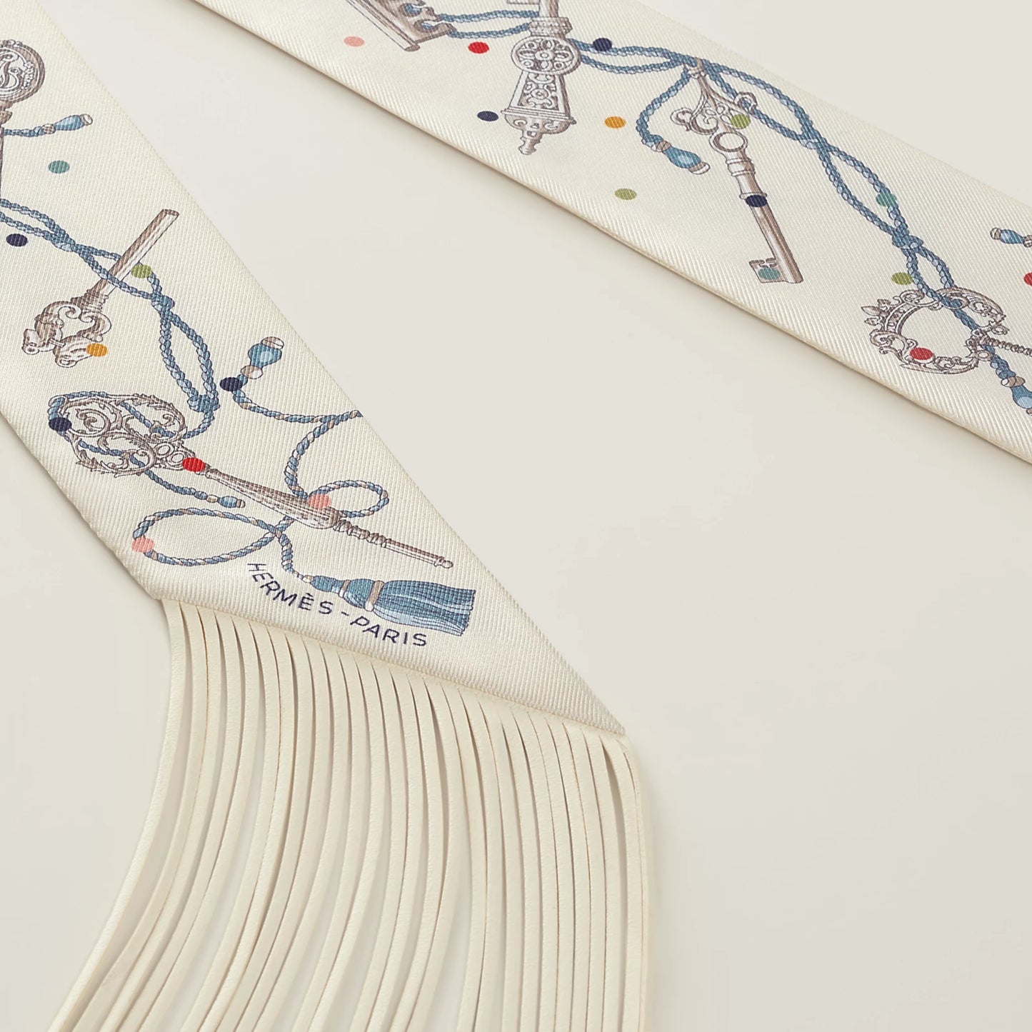 Hermès Les Cles a Pois Leather Fringes Twilly