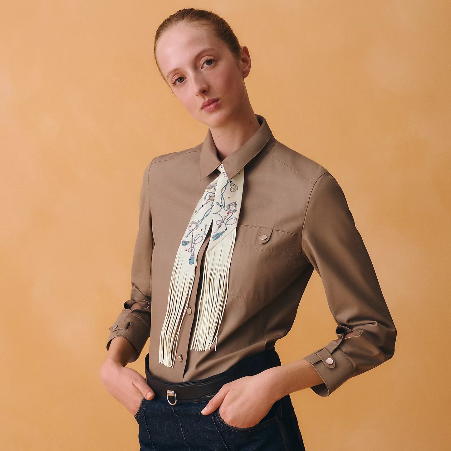 Hermès Les Cles a Pois Leather Fringes Twilly