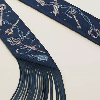 Hermès Les Cles a Pois Leather Fringes Twilly
