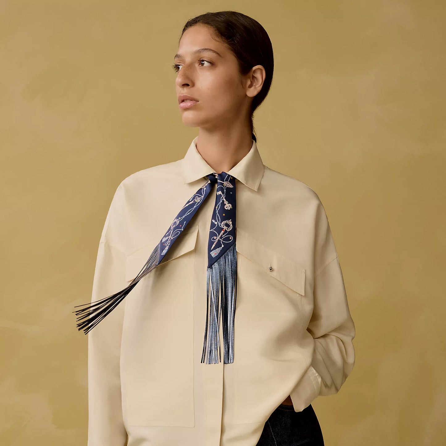 Hermès Les Cles a Pois Leather Fringes Twilly